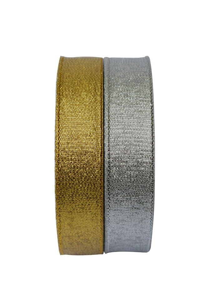 شريط مناديل فاخر للزينة، تغليف الهدايا، استخدامات متعددة (ذهبي وفضي، المقاس: 1 بوصة، التعبئة: 25 مترًا/لفة) عبوة من قطعتين